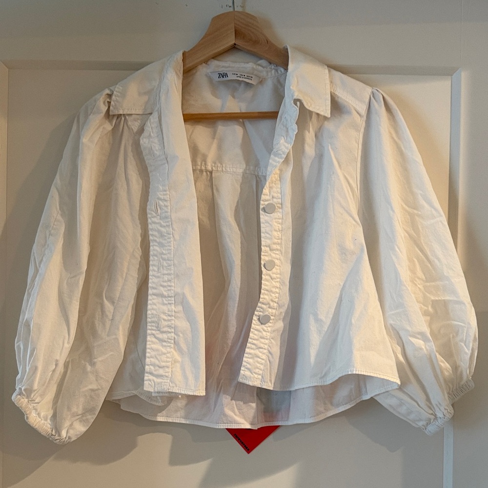 Zara White Poplin Cropped Blouse Puff Sleeve Button Up Shirt Medium